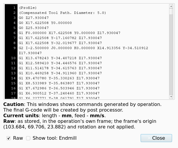 CAM Inspect dialog with Raw set for an Operation on a Work Plane; the note has one more line with the origin of the frame