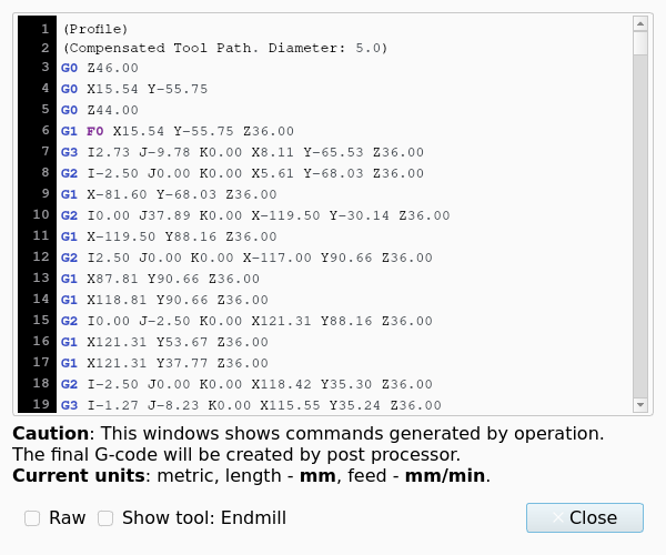 CAM Inspect dialog with the G-code of a Profile operation, line numbers, the note about the units, and the Raw checkbox