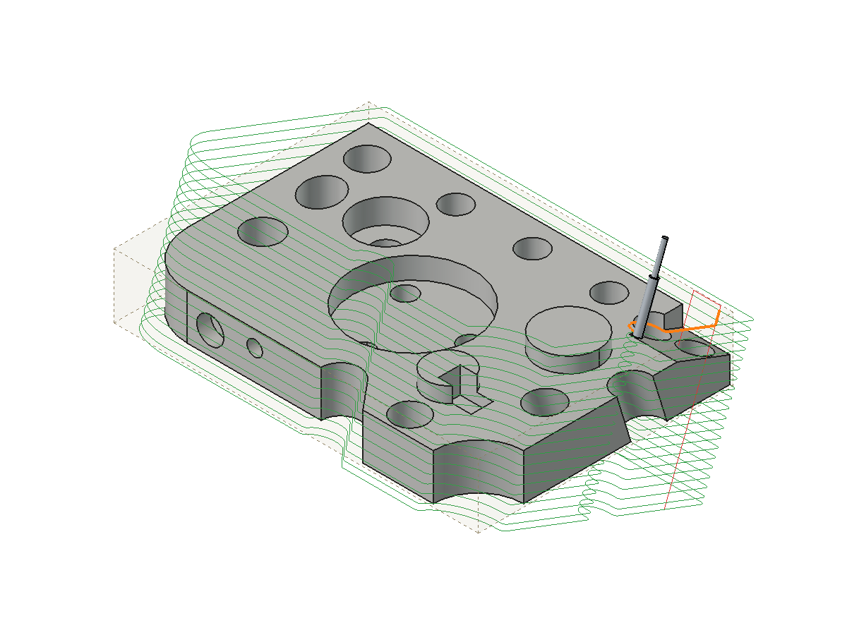 3D view of a Profile operation on a tilted Work Plane, with highlighted moves and the Tool Bit shape along the Tool Axis