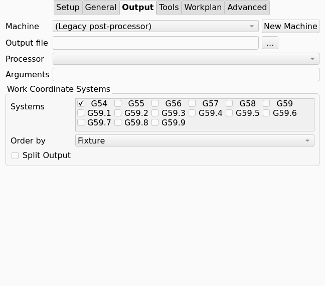 Job task panel, Output tab, with Machine set to (Legacy post-processor)