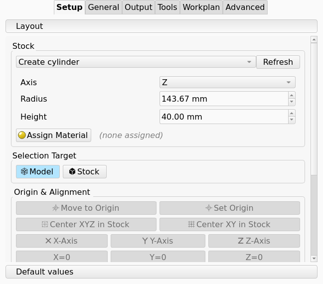 Job task panel, Setup tab, with the Stock set to Create cylinder and the Axis, Radius and Height controls