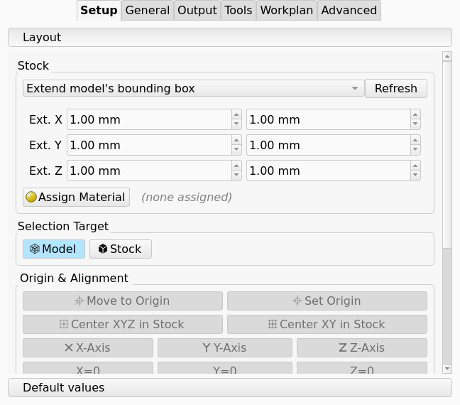 Job task panel, Setup tab, with the Layout section open