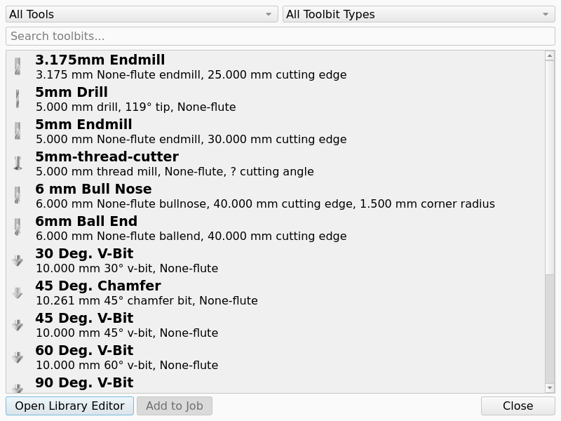 Tool Library dialog with the All Tools view selected