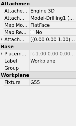 Property editor of a Work Plane, with the Fixture property set to G55