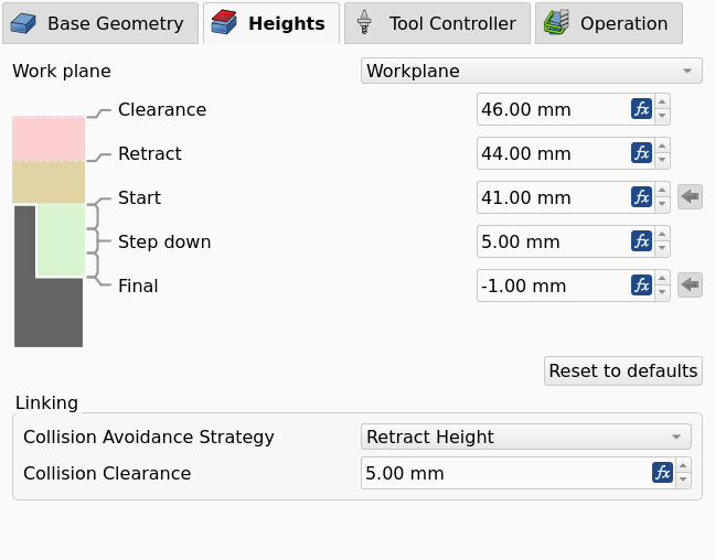 Profile task panel, Heights page, with a Work Plane selected in the Work Plane selector and the Reset to defaults button