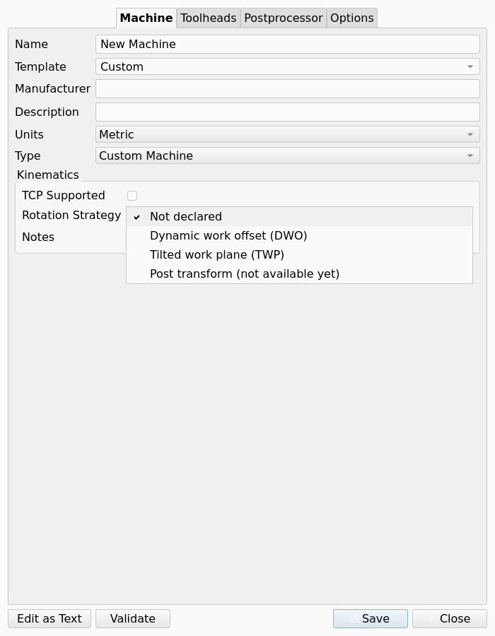 Machine Editor, Machine tab, Kinematics group with the Rotation Strategy list open