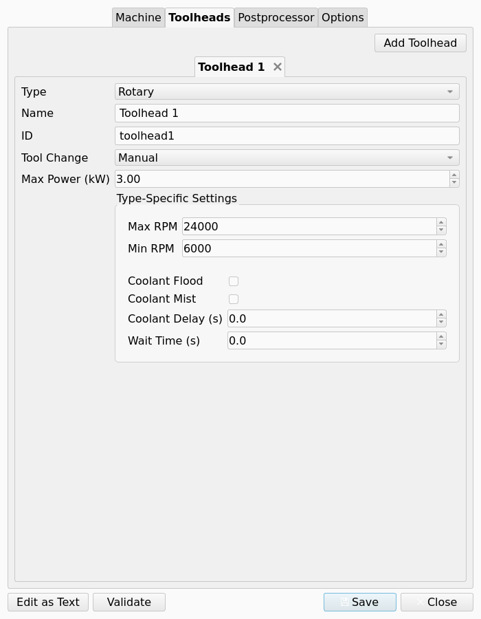 Machine Editor, Toolheads tab, with one rotary Toolhead and the Add Toolhead button