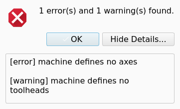 Validation dialog with one error and one warning, and the details shown