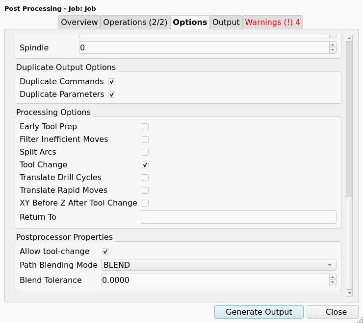 Post-Processing Dialog, Options tab, Postprocessor Properties group of the linuxcnc Post