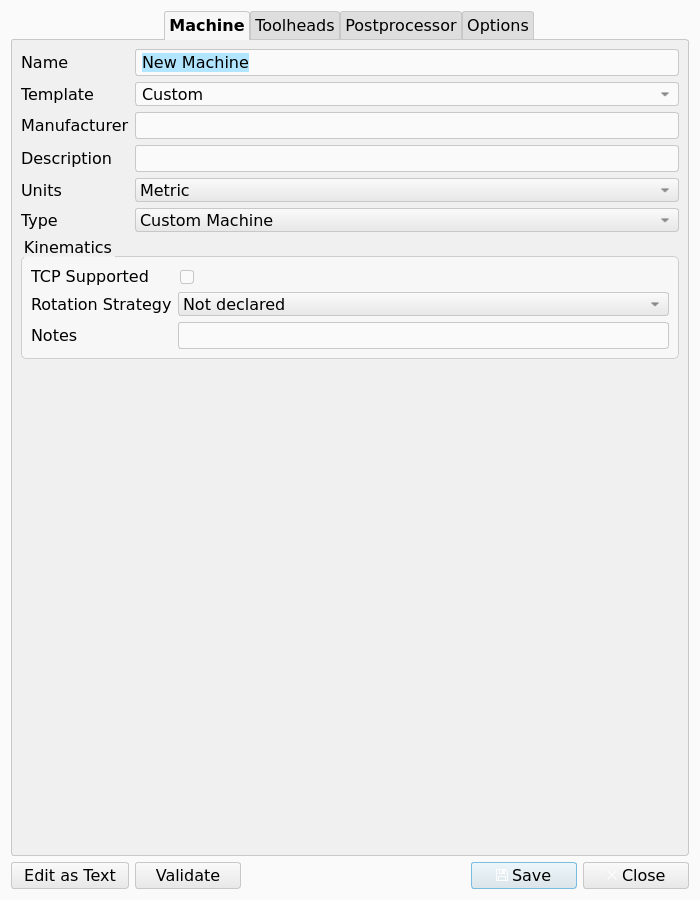 Machine Editor, Machine tab, for a new Machine