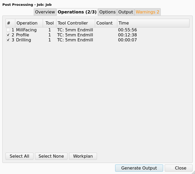 Post-Processing Dialog, Operations tab, opened from Post Process Selected, with the two selected Operations checked and the third Operation not checked
