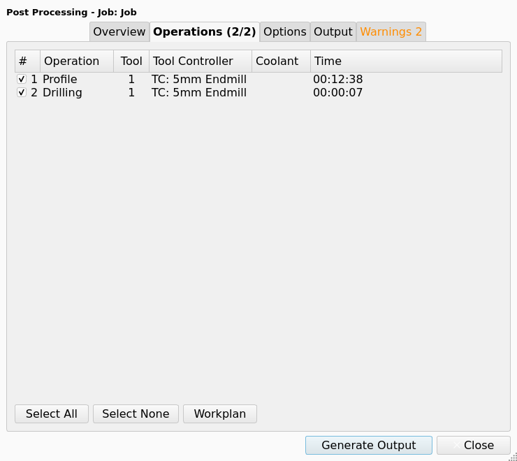 Post-Processing Dialog, Operations tab, with a Profile and a Drilling Operation in the list