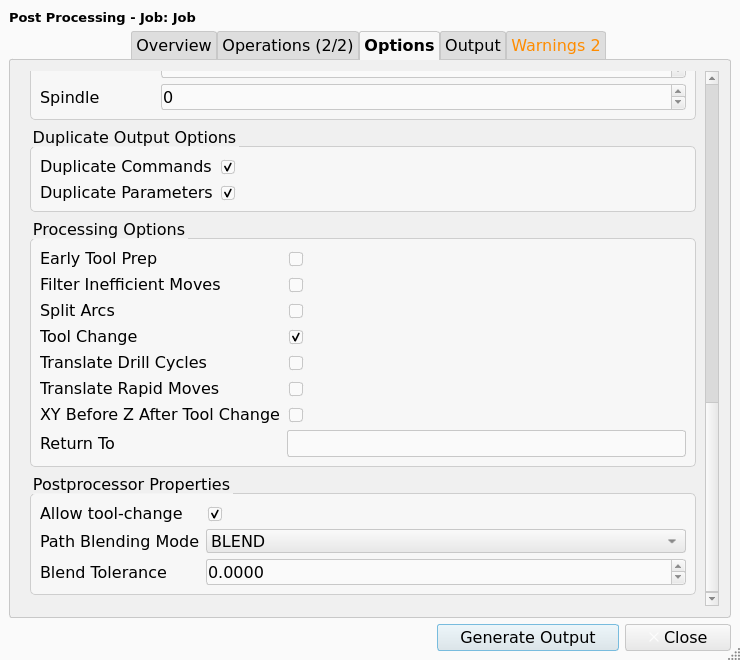 Post-Processing Dialog, Options tab, with the Postprocessor Properties group of the linuxcnc Post