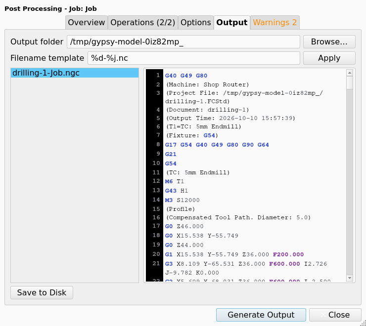 Post-Processing Dialog, Output tab, after Generate Output, with one file in the list and its G-code