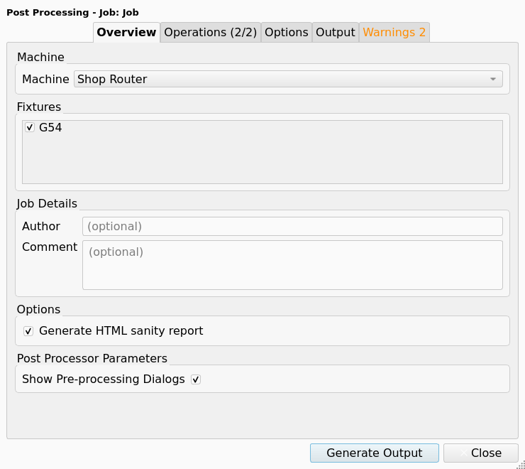 Post-Processing Dialog, Overview tab, with the Machine Shop Router selected and the Post Processor Parameters group