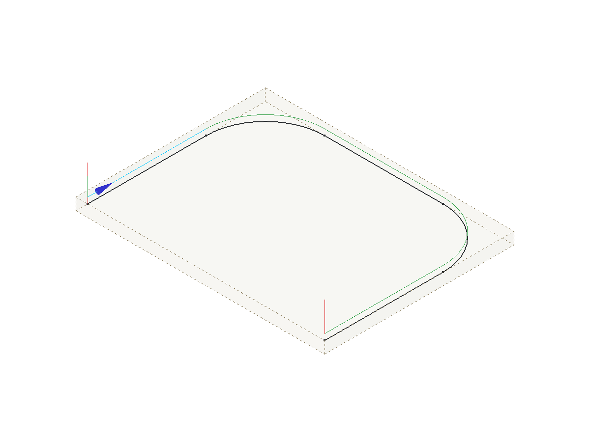Toolpath of the test geometry in the 3D view, one level in the XY plane, with the blue arrow near the start point