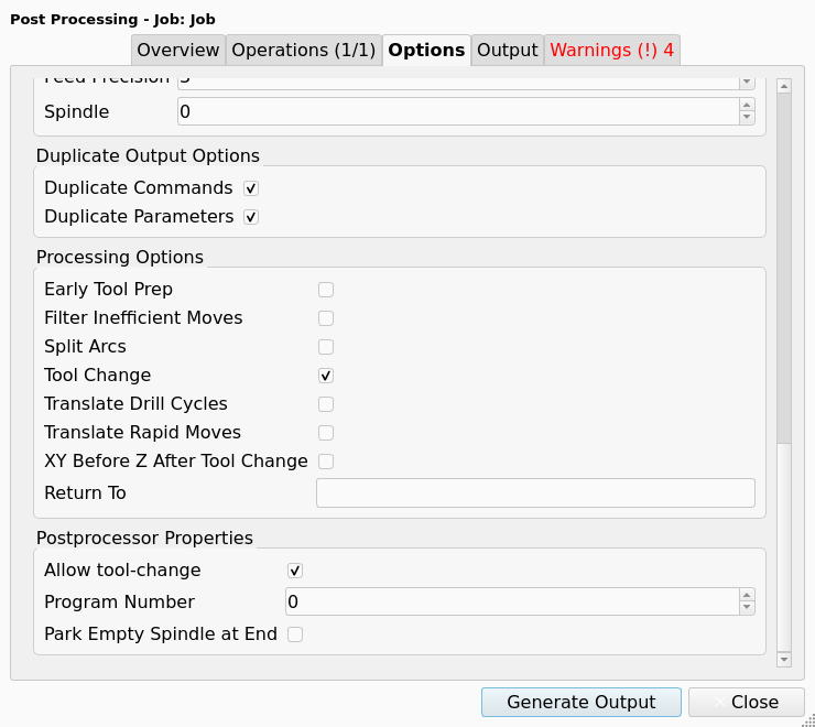 Post-Processing Dialog, Options tab, Postprocessor Properties group of the fanuc Post, with Program Number and Park Empty Spindle at End