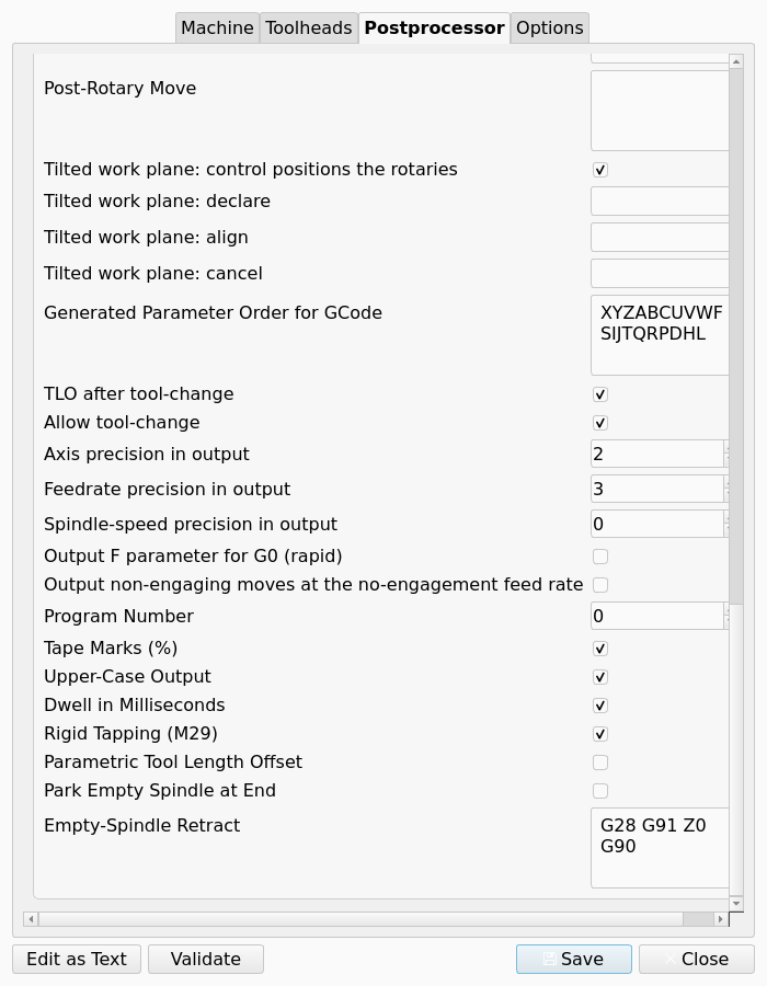 Machine Editor, Postprocessor tab, moved down to the eight properties of the fanuc Post at their defaults