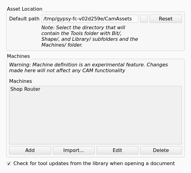 Assets page of the CAM preferences, with the Machines list and the buttons Add, Import…​, Edit and Delete